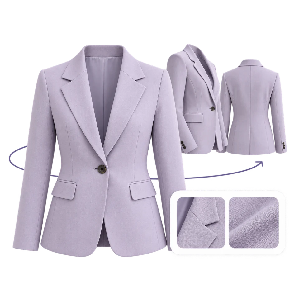 Illustrative digital blazer shown from three angles with fabric details