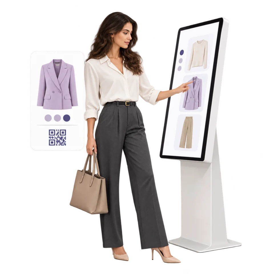 Illustrative shopper exploring garments on an interactive boutique display