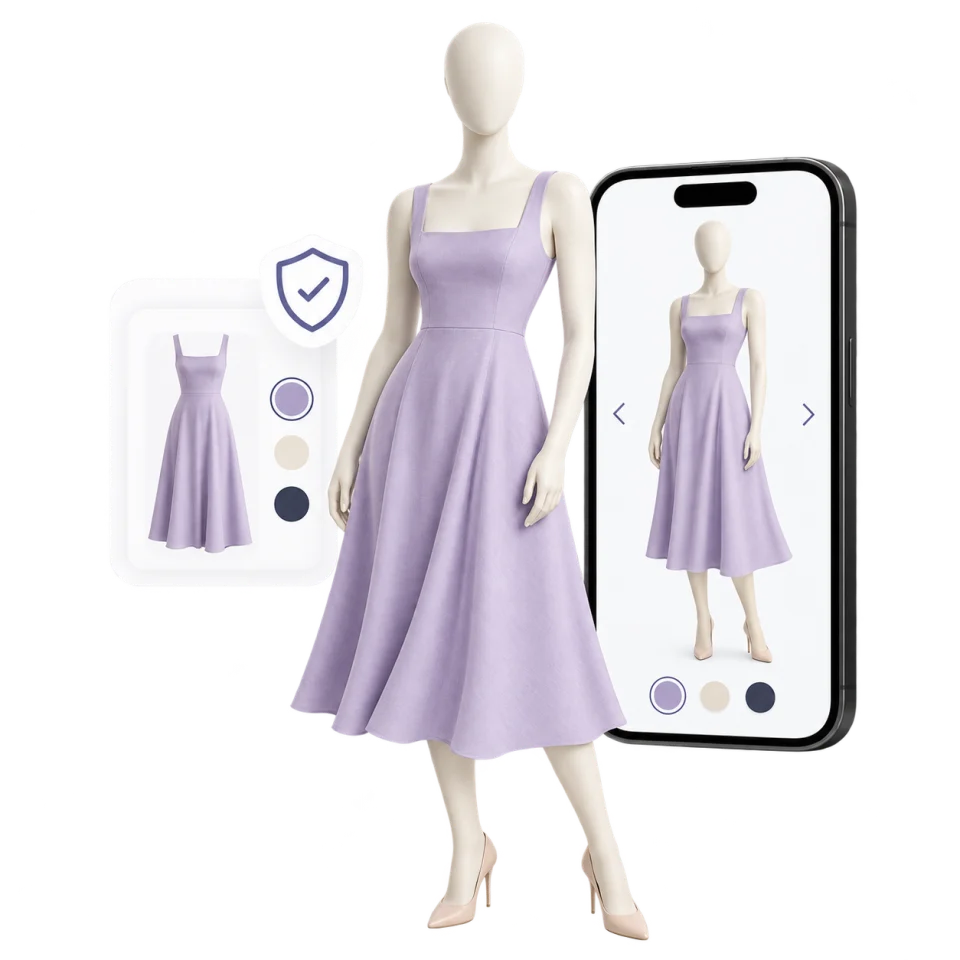 Illustrative faceless dress form with a private garment preview