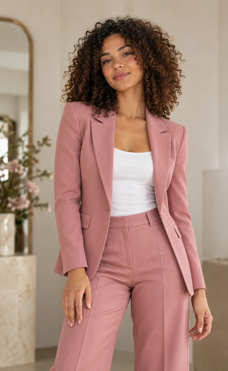 Illustrative try-on result: rose tailored blazer
