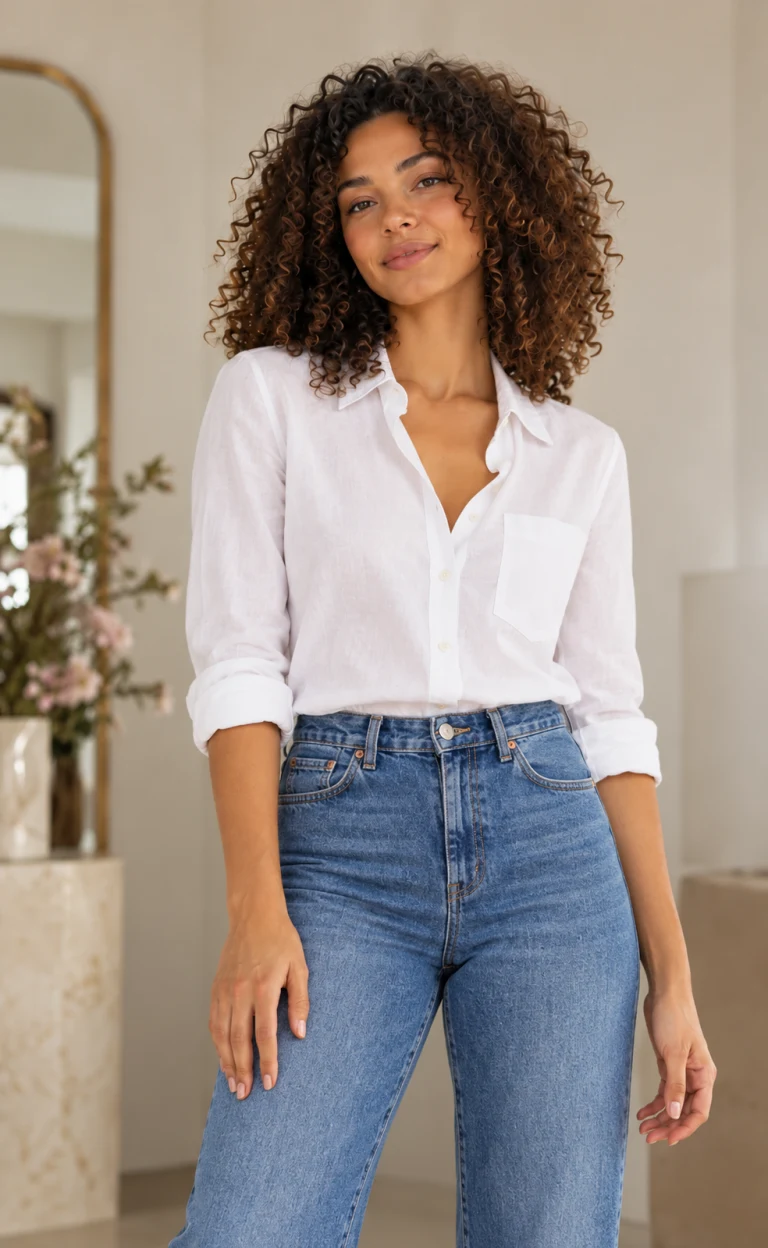 Shopper photo: woman with curly hair in a white shirt and jeans